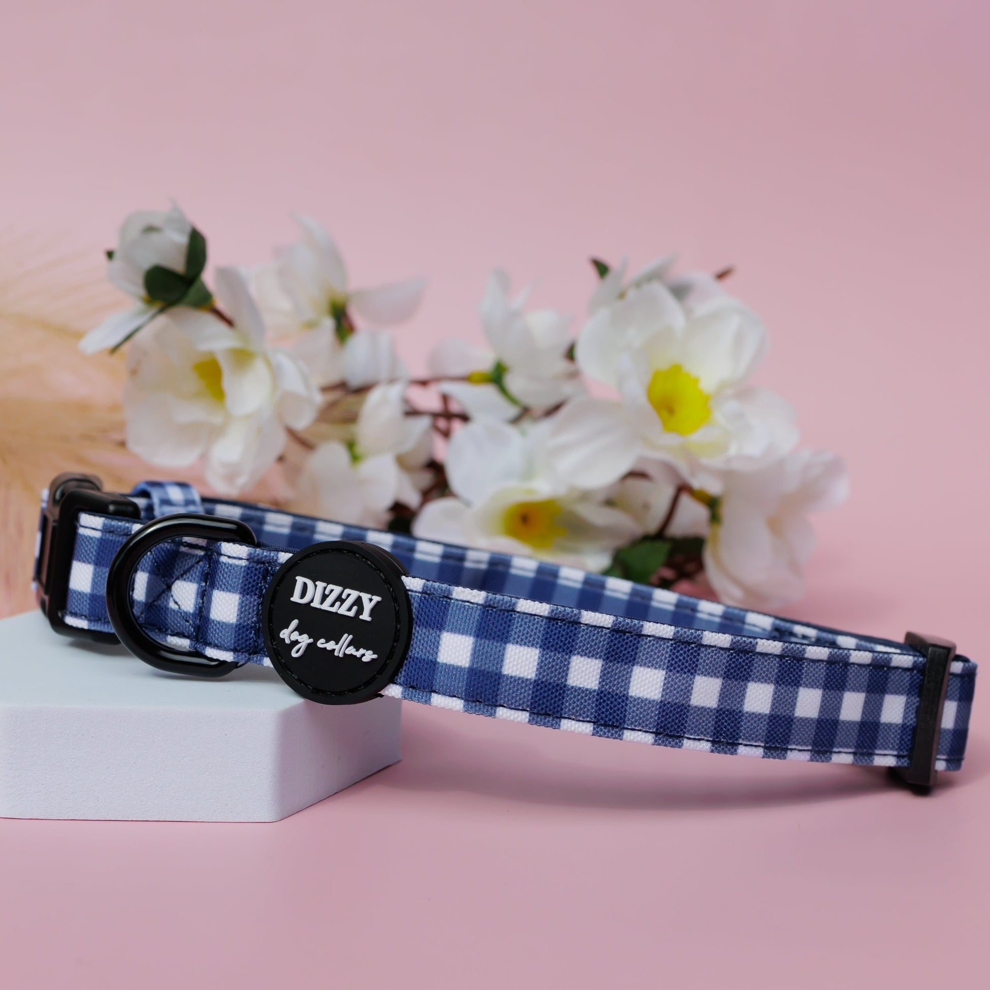 Navy Gingham Dog Collar | Canvas & Neoprene Dog Collar-Dog Collar-Dizzy Dog Collars