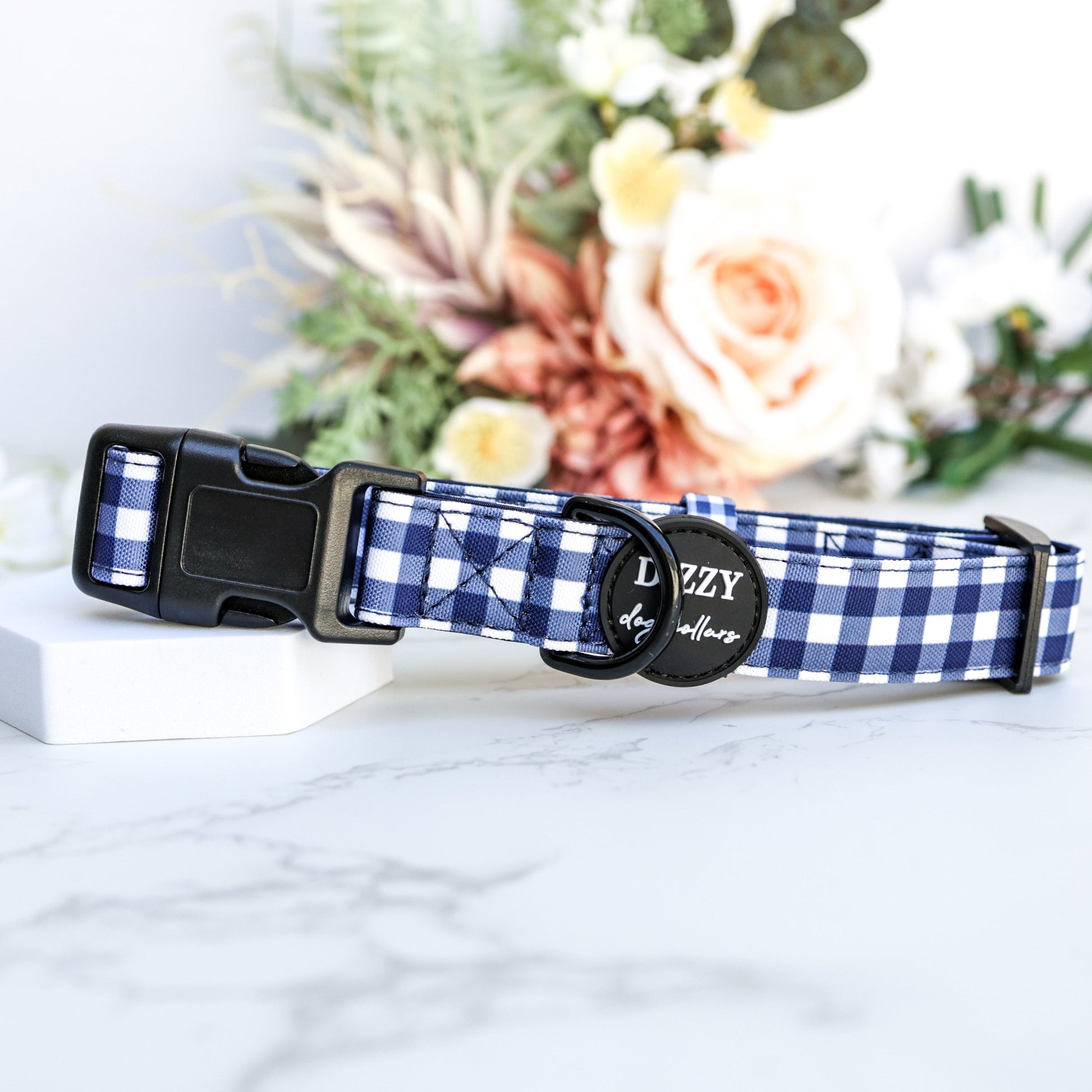 Navy Gingham Dog Collar | Canvas & Neoprene Dog Collar-Dog Collar-Dizzy Dog Collars