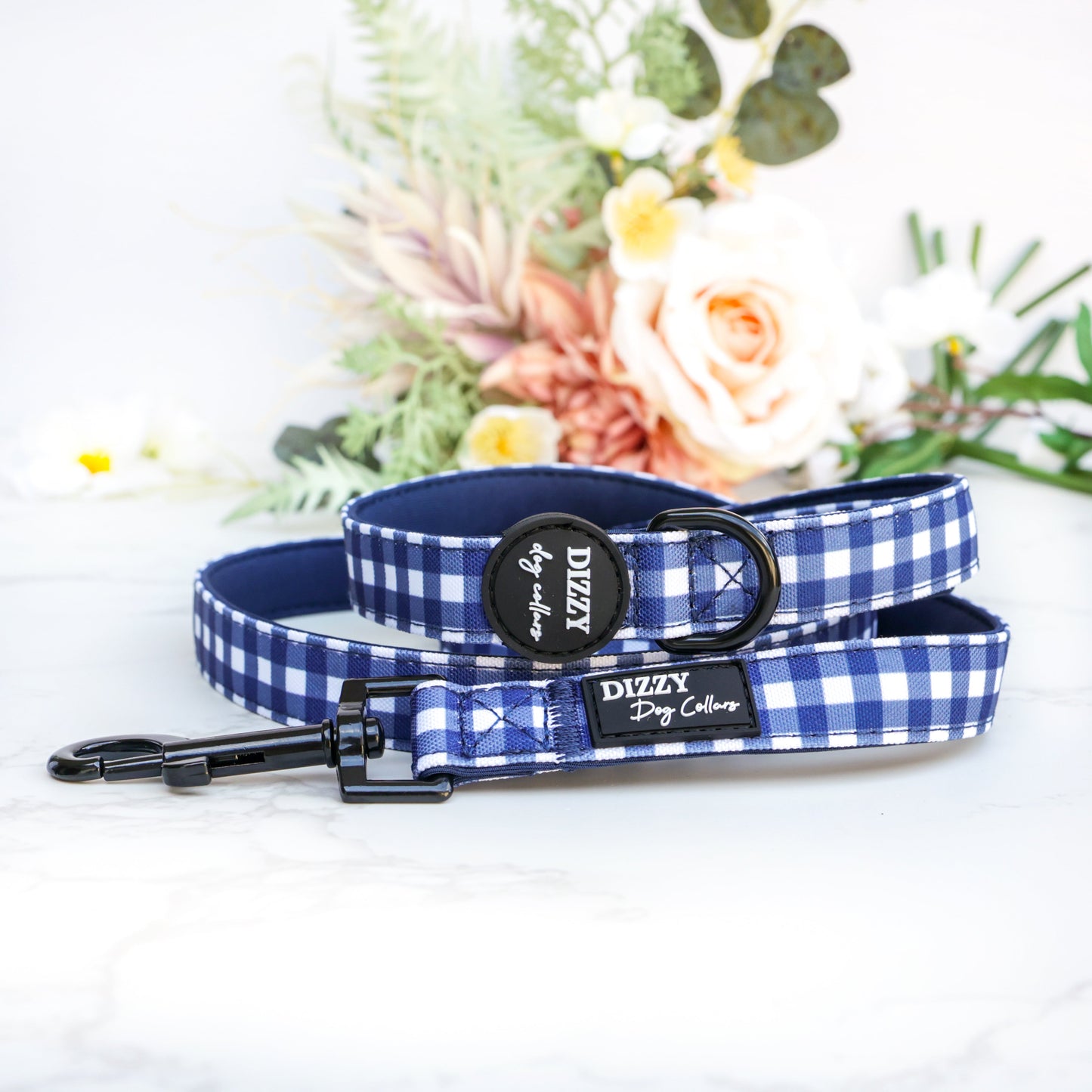 Navy Gingham Dog Leash | Canvas & Neoprene | High Quality Fully Padded Leash-Leash-Dizzy Dog Collars