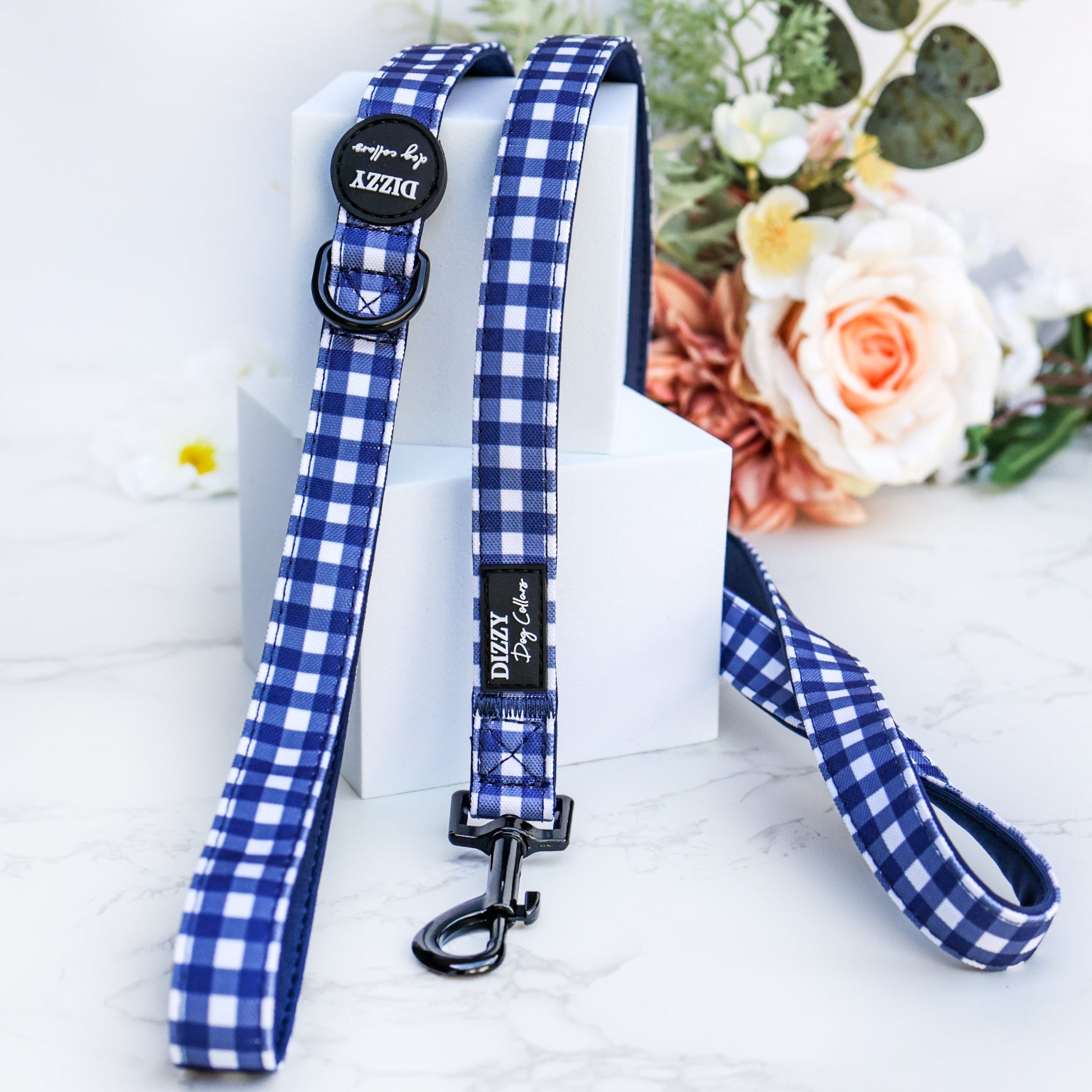 Navy Gingham Dog Leash | Canvas & Neoprene | High Quality Fully Padded Leash-Leash-Dizzy Dog Collars